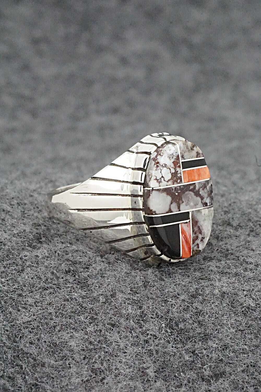 Wild Horse, Spiny Oyster, Onyx & Sterling Silver Ring - Trevor Jack - Size 11.5