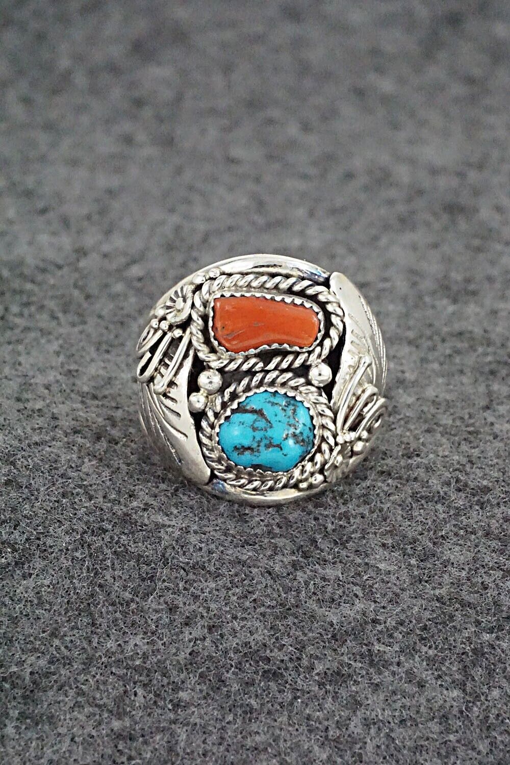 Turquoise, Coral & Sterling Silver Ring - Leonard Spencer - Size 12