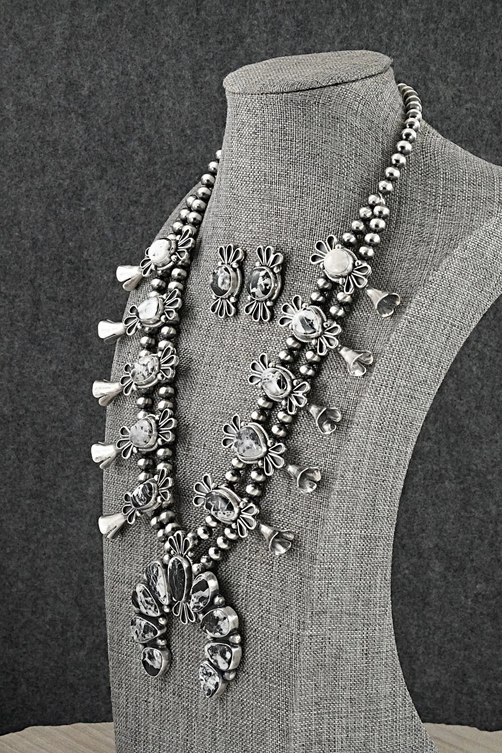 White Buffalo & Sterling Silver Squash Blossom Set - Darrin Livingston