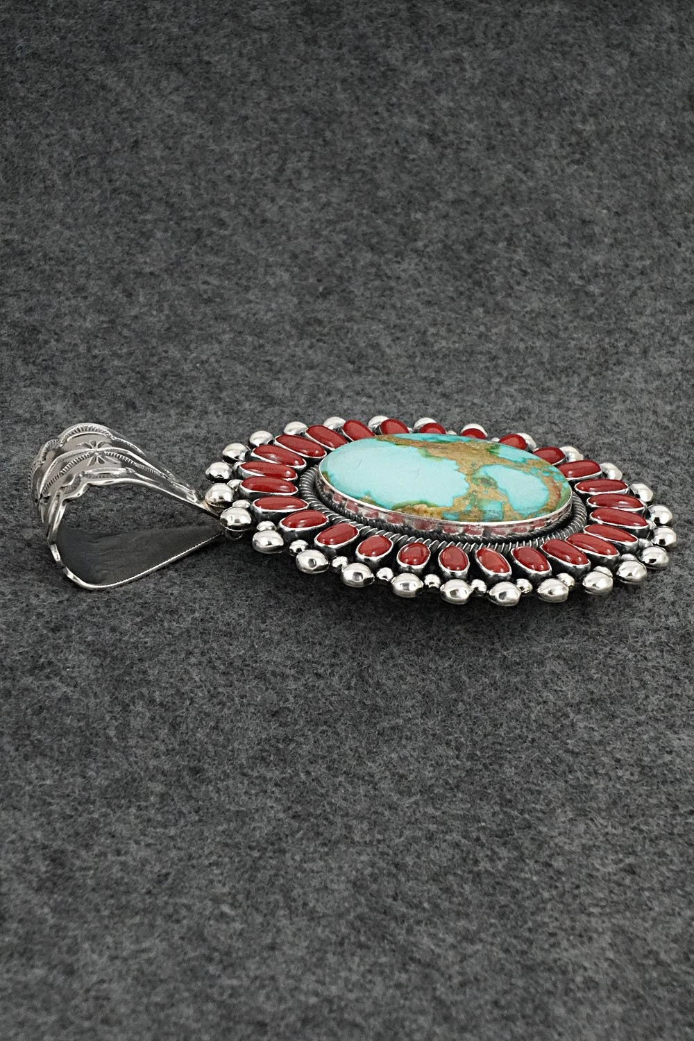 Turquoise, Coral & Sterling Silver Pendant - Ernest Begay