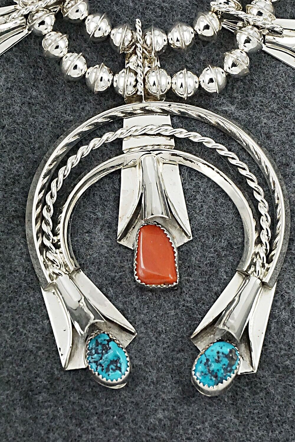 Turquoise, Coral & Sterling Silver Squash Blossom Set - Louise Yazzie
