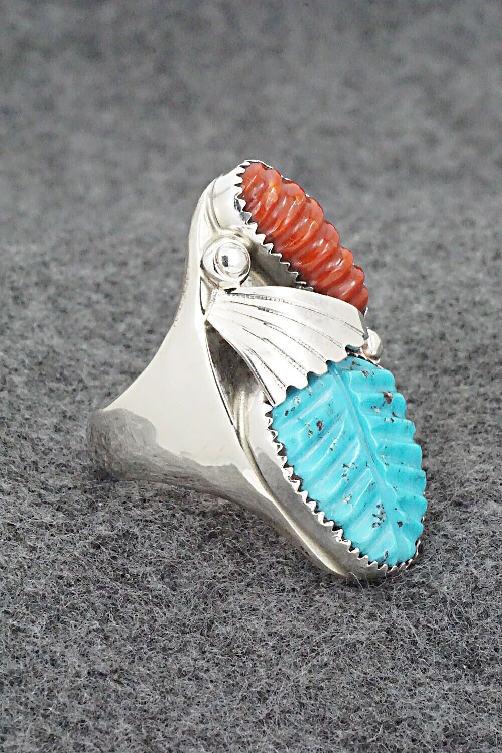 Turquoise, Coral & Sterling Silver Ring - Lyolita Tsattie - Size 10.5