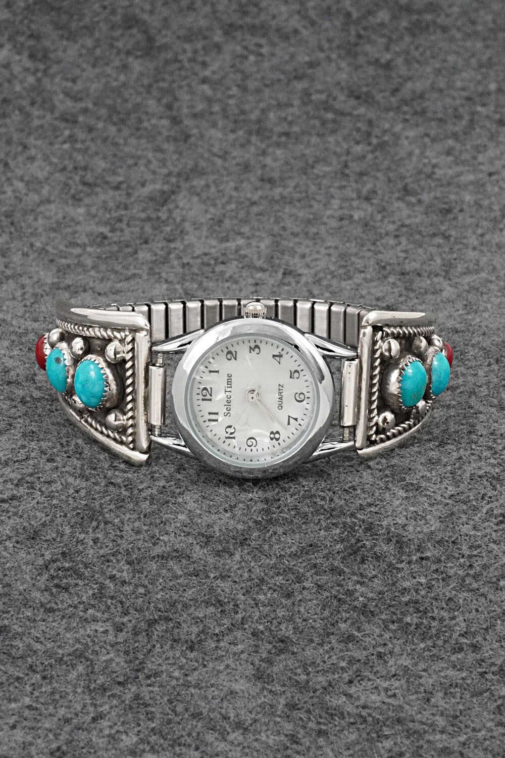 Turquoise, Coral & Sterling Silver Watch Bracelet - Paul Largo