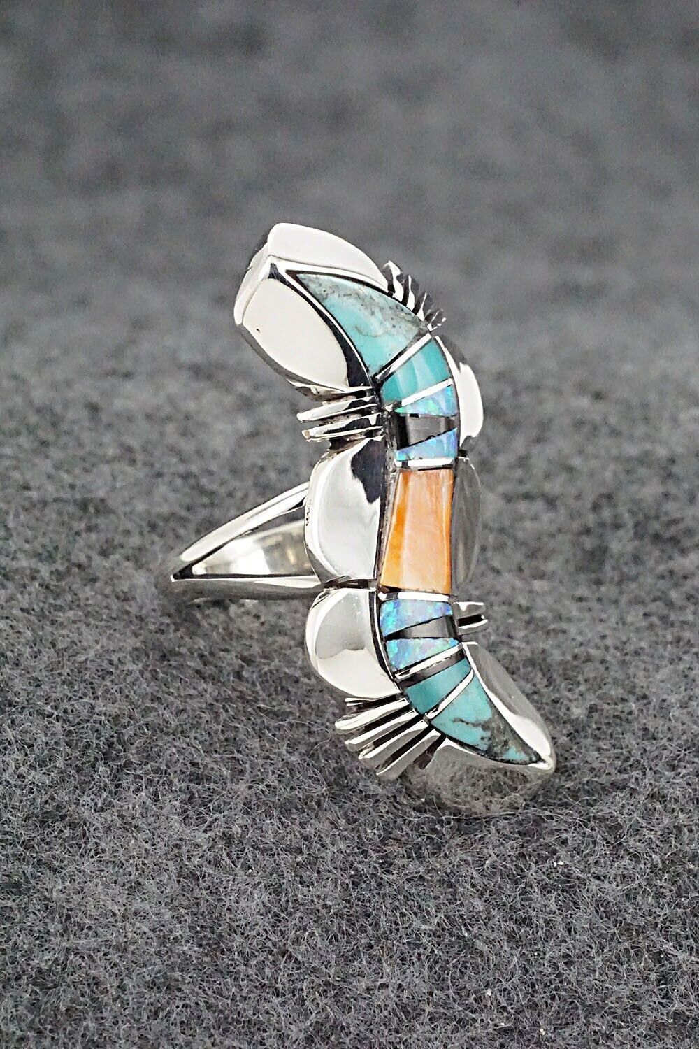 Multi-Stone & Sterling Silver Inlay Ring - James Manygoats - Size 6.5