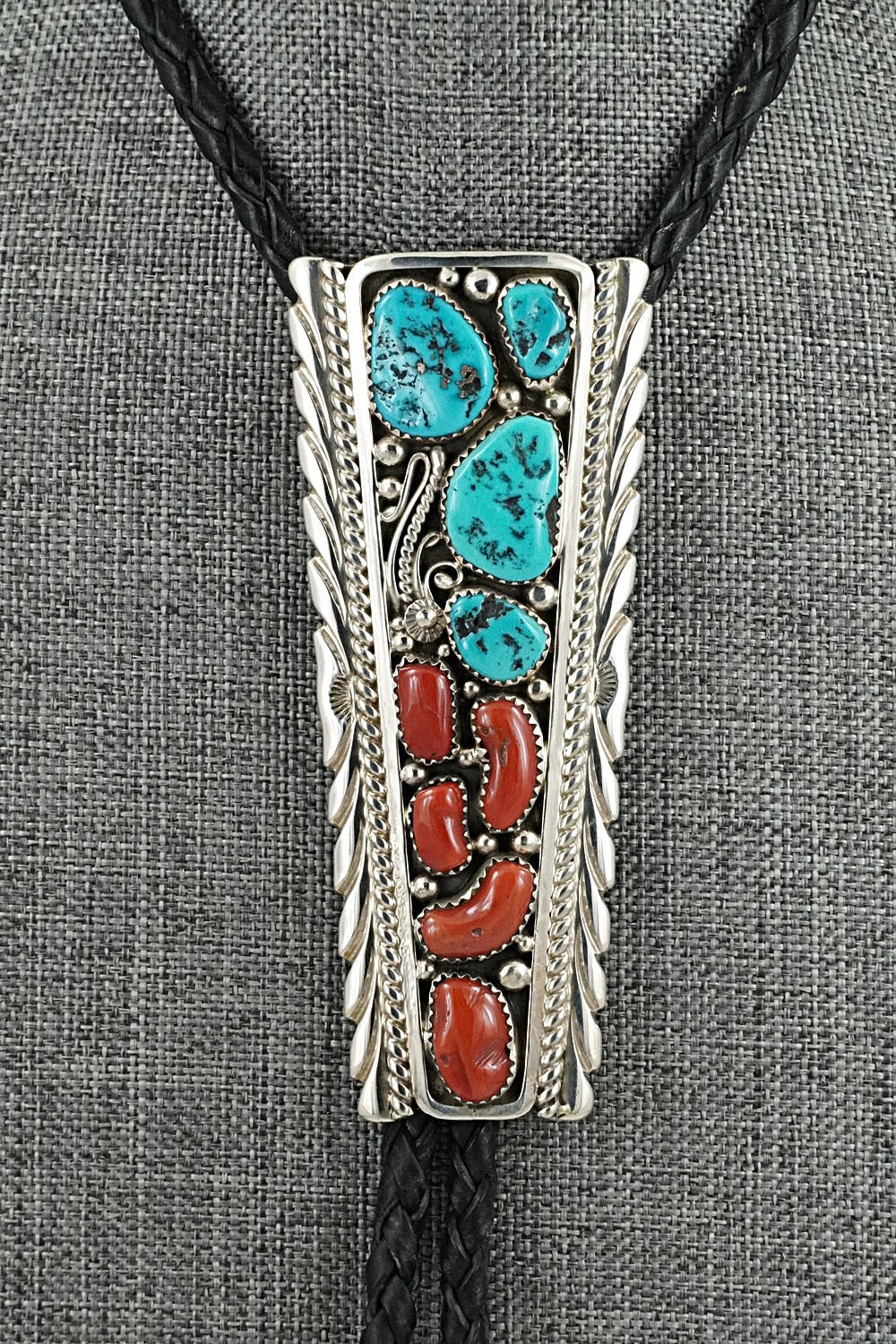 Turquoise, Coral & Sterling Silver Bolo Tie - Martin Muskett