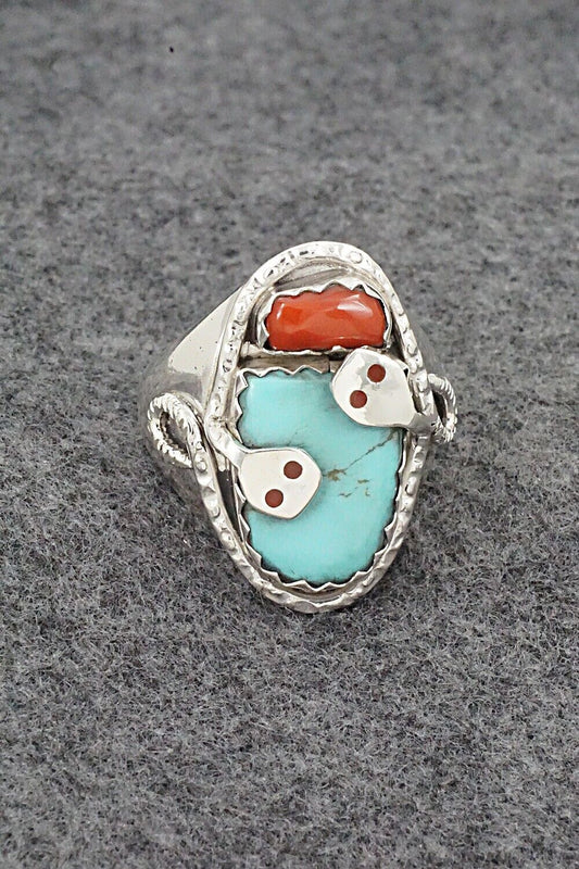 Turquoise, Coral & Sterling Silver Ring - Joy Calavaza - Size 11.25