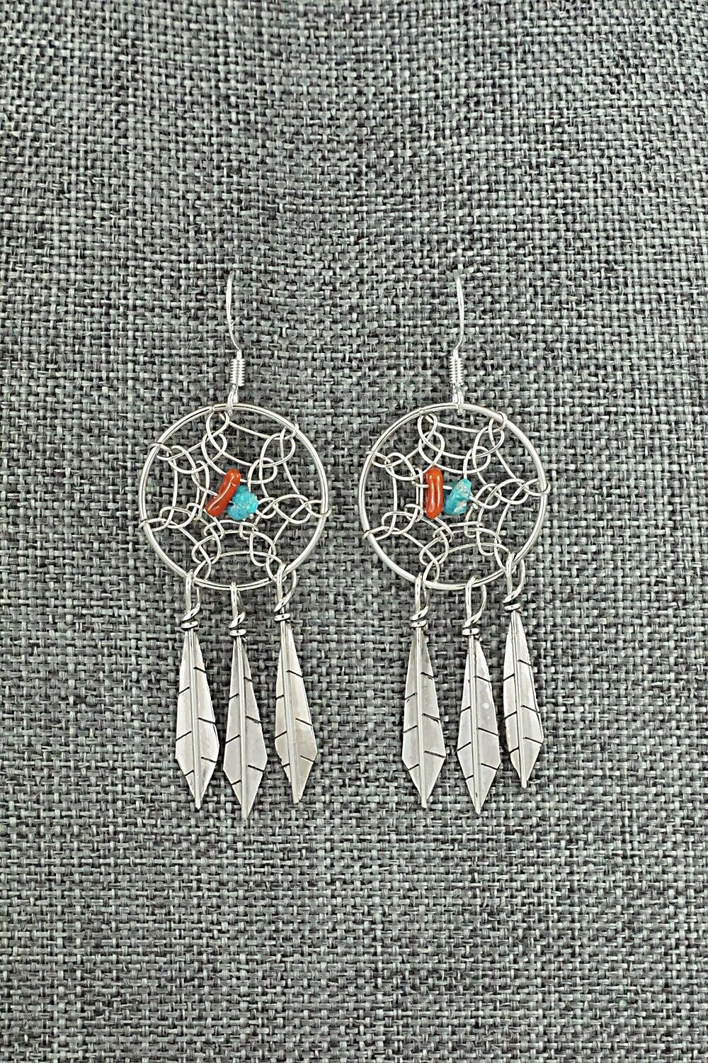 Turquoise, Coral & Sterling Silver Earrings - Lorenzo Arviso Jr.