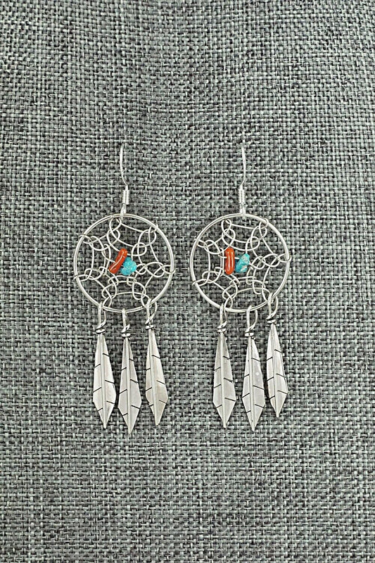 Turquoise, Coral & Sterling Silver Earrings - Lorenzo Arviso Jr.