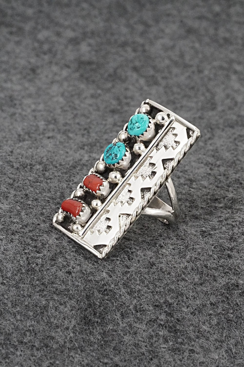 Turquoise, Coral & Sterling Silver Ring - Ronnie Spencer - Size 6.5