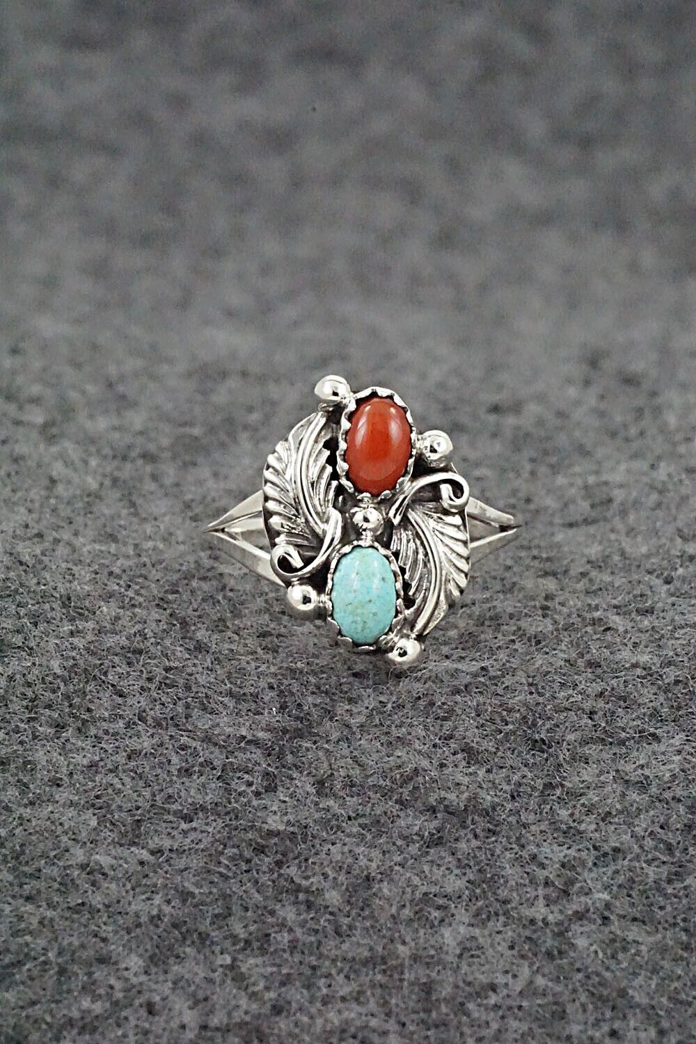 Turquoise, Coral & Sterling Silver Ring - Harris Largo - Size 8.5