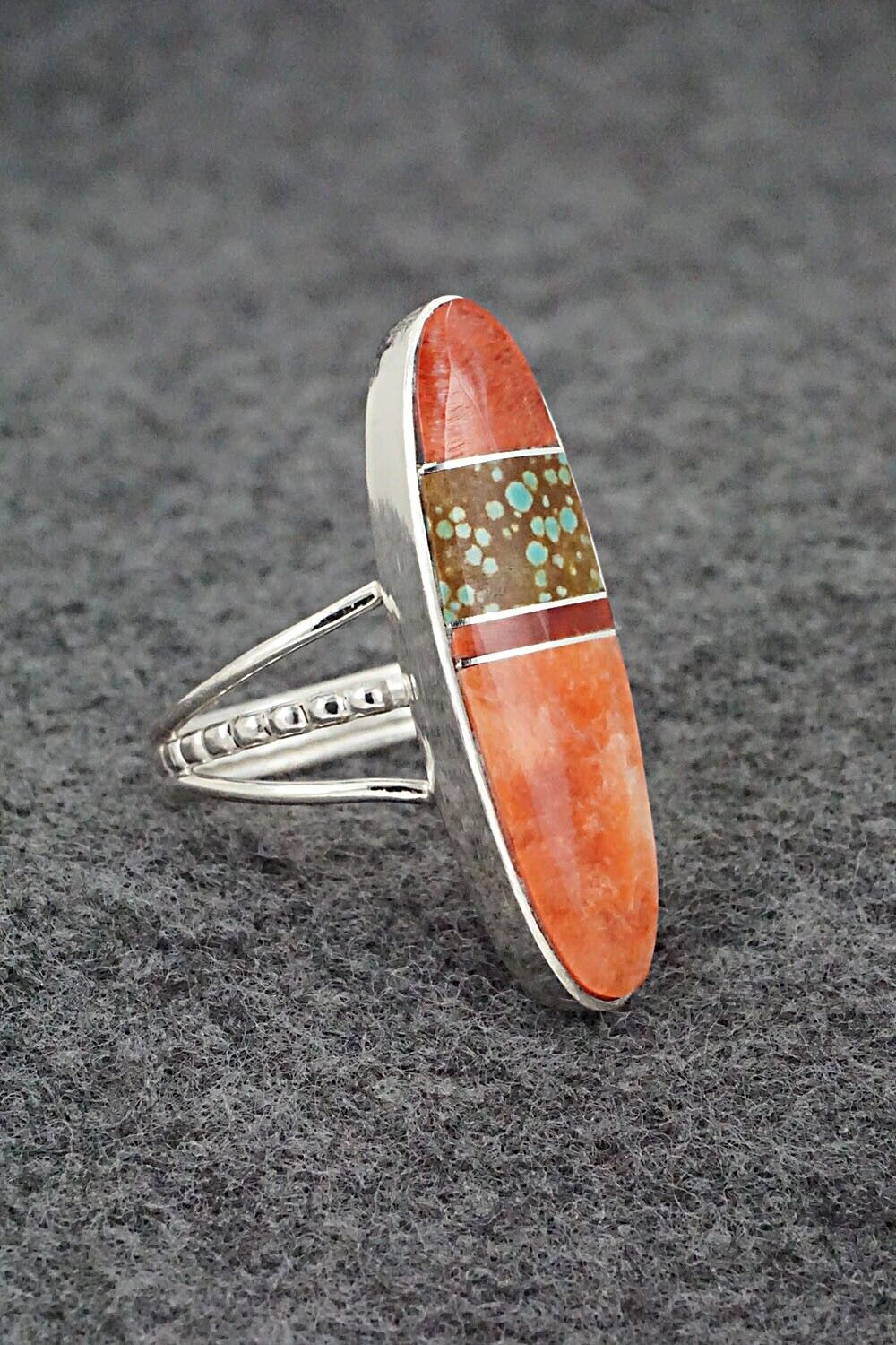 Spiny Oyster, Turquoise, Coral & Sterling Silver Ring - Harold Smith - Size 9