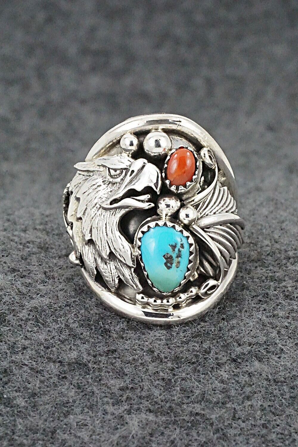 Turquoise, Coral & Sterling Silver Ring - Jeannette Saunders - Size 9.25