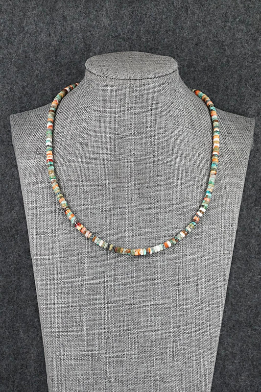 Turquoise, Spiny Oyster & Sterling Silver Necklace 17" - Doreen Jake