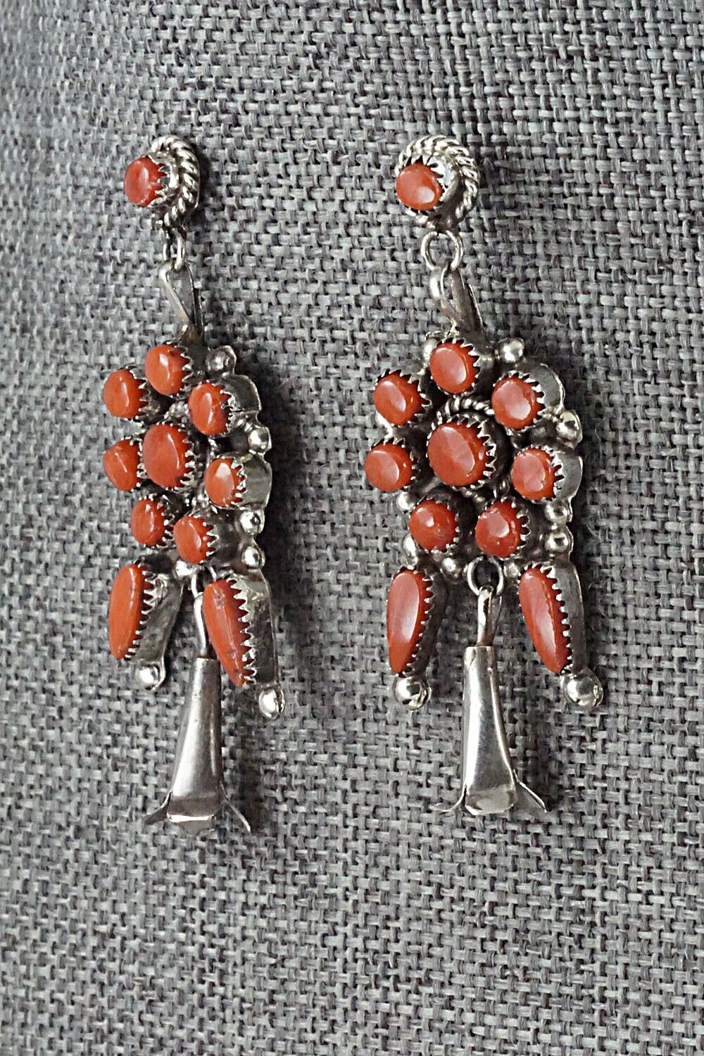 Coral & Sterling Silver Squash Blossom and Earrings Set - Viola Bobelu