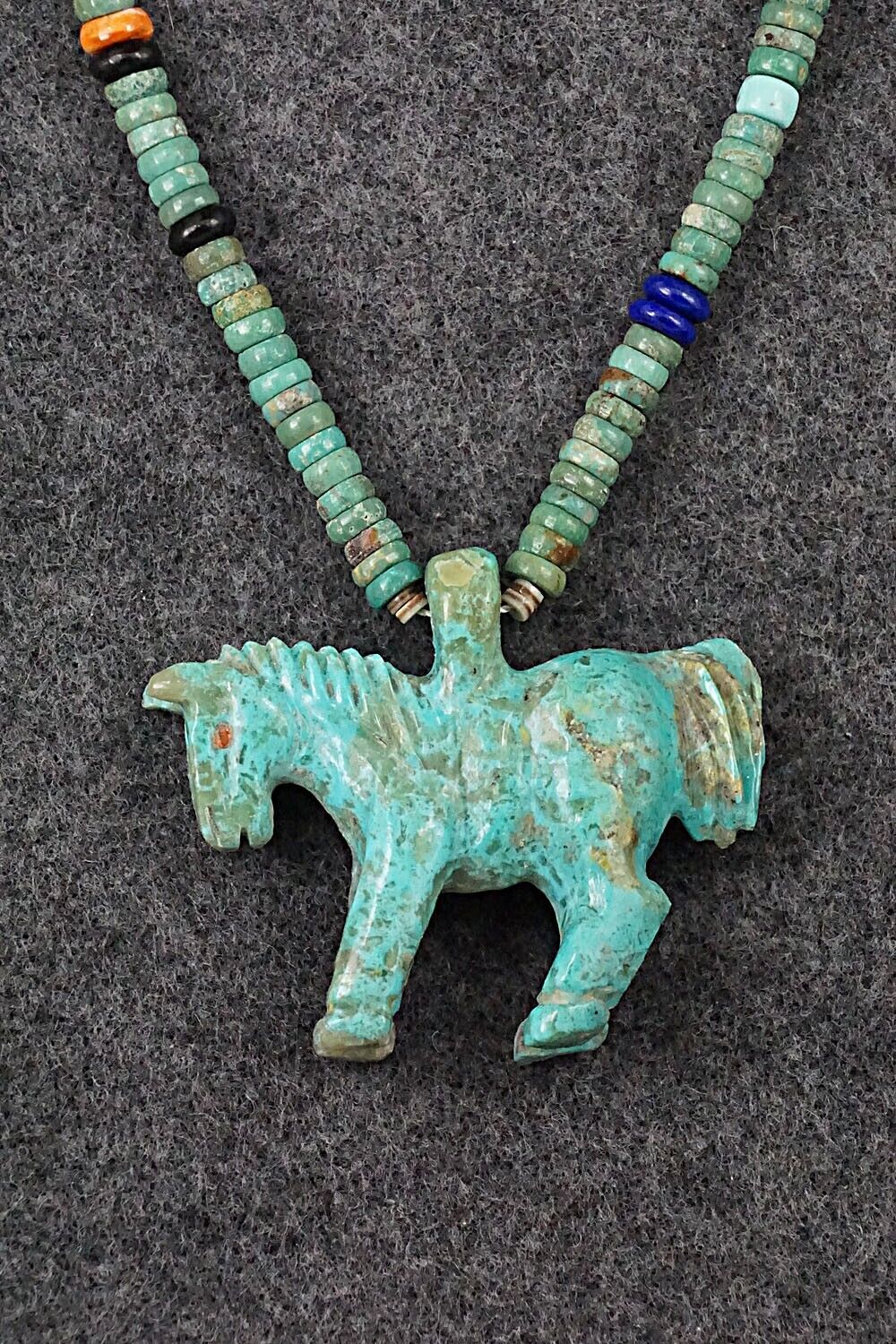 Multi Stone Horse Zuni Fetish Carving Beaded Necklace - Andres Quandelacy