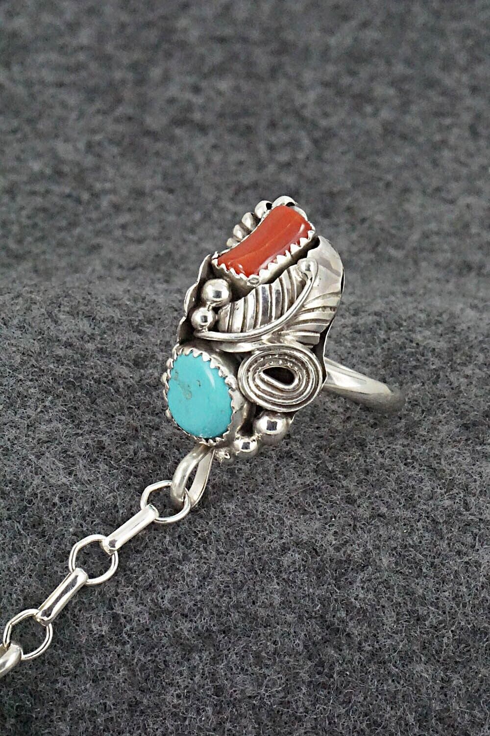 Coral and Turquoise Bracelet & Ring - Max Calladitto - Size 7.5 (Adj.)