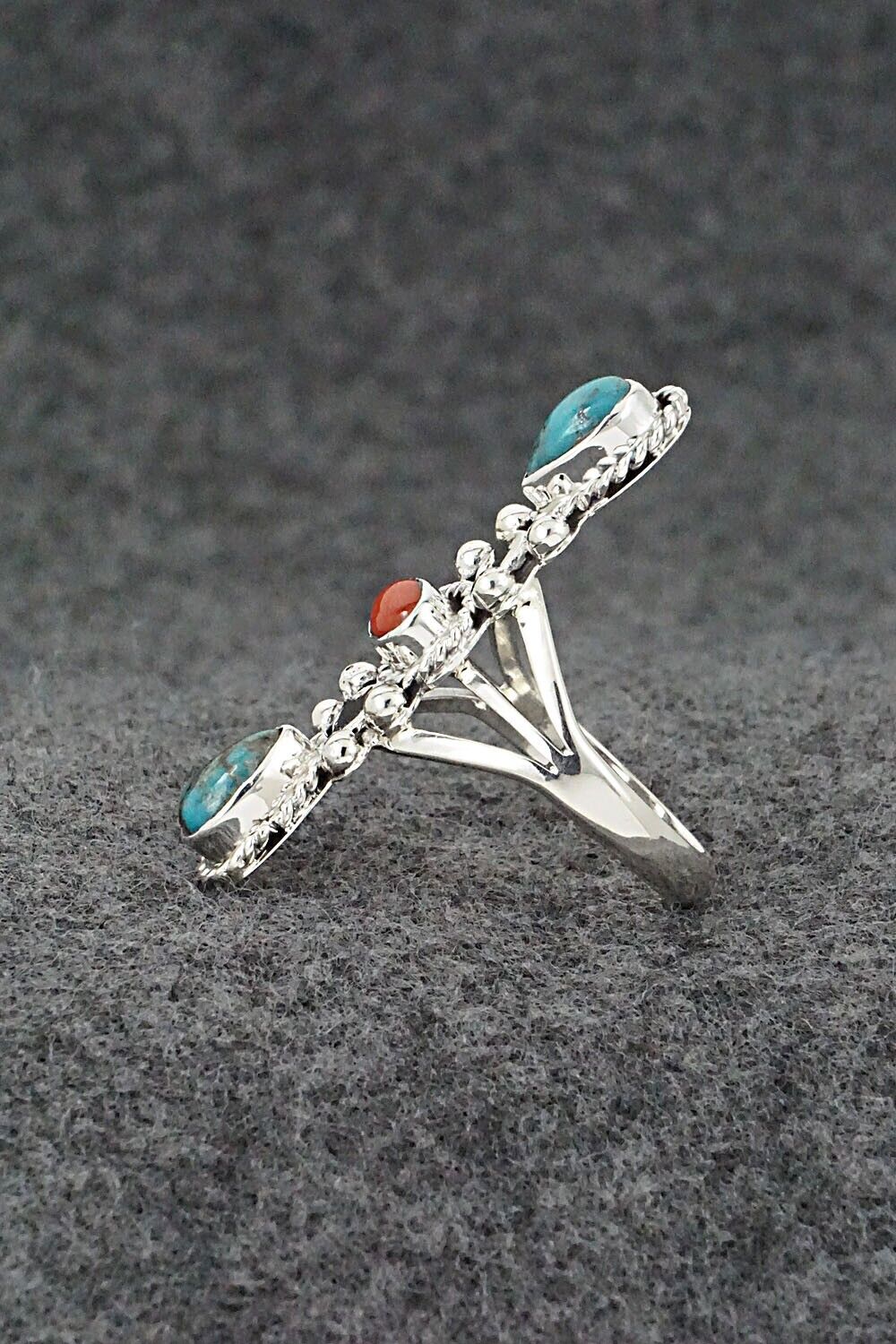 Turquoise, Coral & Sterling Silver Ring - Andrew Vandever - Size 8