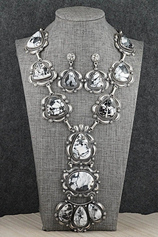 White Buffalo & Sterling Silver Necklace and Earrings Set - Raymond Delgarito
