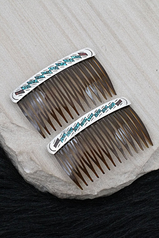 Turquoise, Coral Chip Inlay & Sterling Silver Hair Combs - Joleen Yazzie