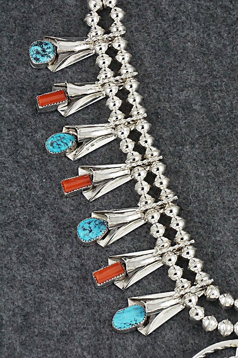 Turquoise, Coral & Sterling Silver Squash Blossom Set - Louise Yazzie
