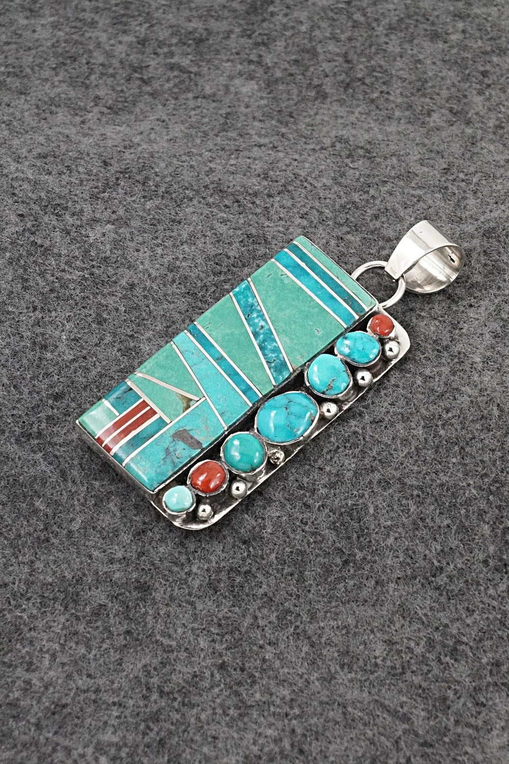 Turquoise, Coral & Sterling Silver Pendant - Darlene Noble