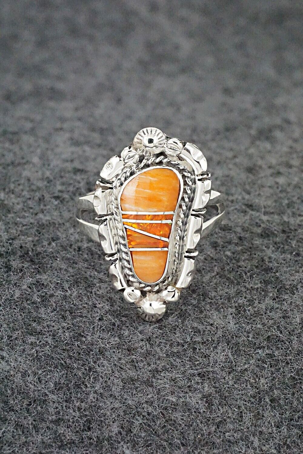 Spiny Oyster, Opalite & Sterling Silver Inlay Ring - James Manygoats - Size 8.5