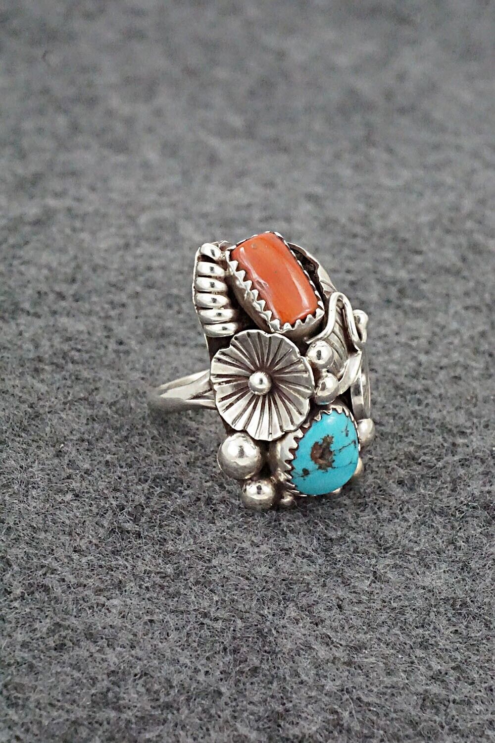 Turquoise, Coral & Sterling Silver Ring - Max Calladitto - Size 5