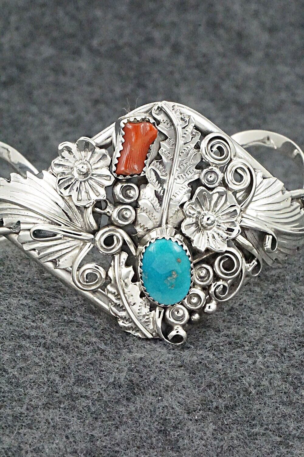 Turquoise, Coral & Sterling Silver Bracelet - Harry B. Yazzie