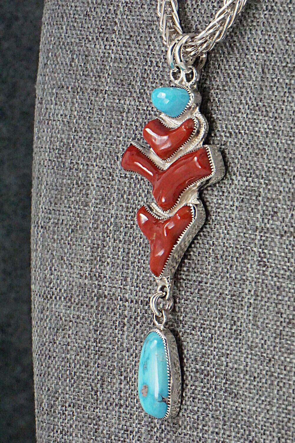 Turquoise, Coral & Sterling Silver Necklace - Smokey Gchachu