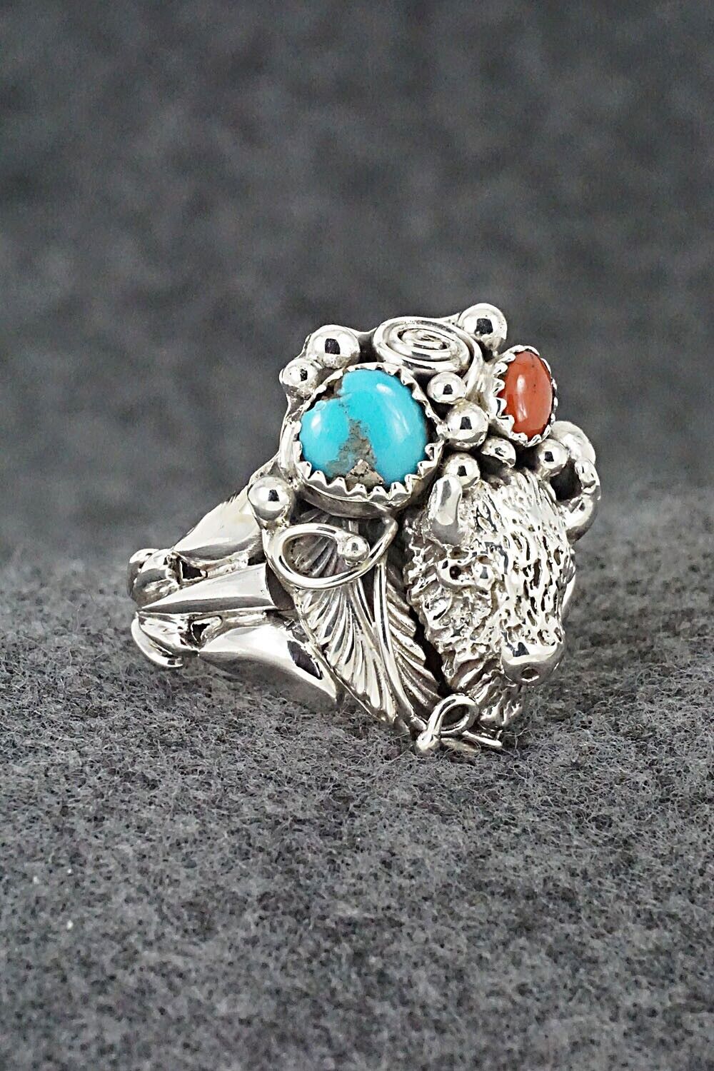 Turquoise, Coral & Sterling Silver Ring - Jeannette Saunders - Size 10.5