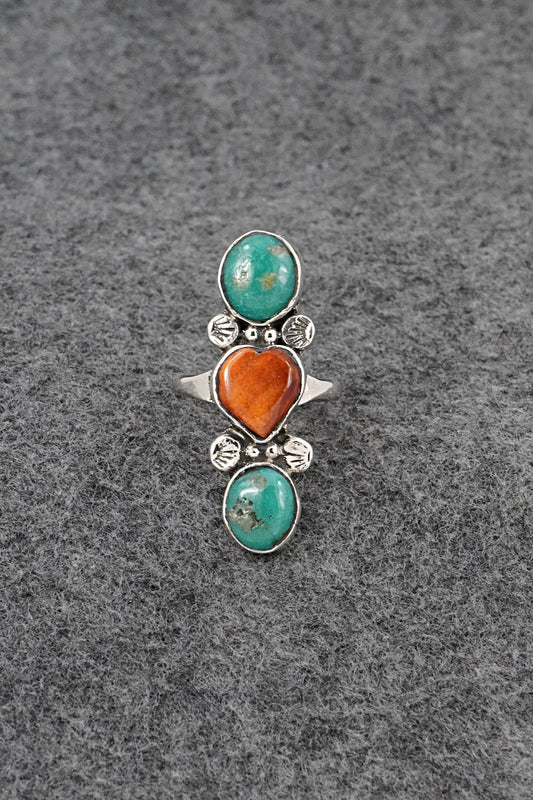 Turquoise, Spiny Oyster & Sterling Silver Ring - Priscilla Reeder - Size 7.5