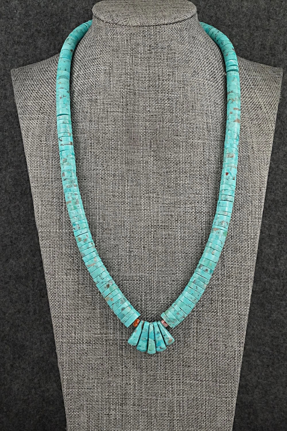 Turquoise, Spiny Oyster & Sterling Silver Necklace 21"- Lupe Lovato