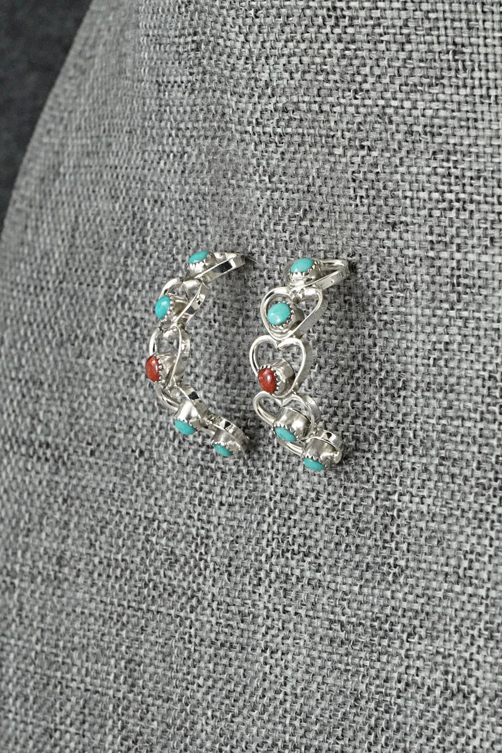 Turquoise, Coral & Sterling Silver Earrings - Hazel Pablito