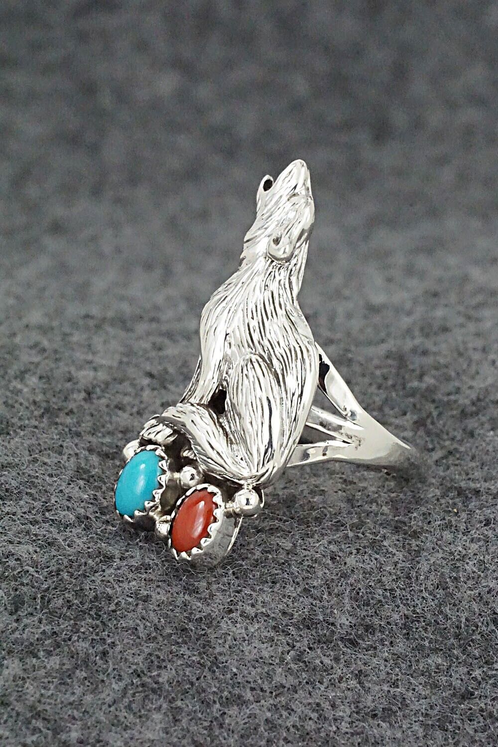 Turquoise, Coral & Sterling Silver Ring - Jerryson Henio - Size 8.5