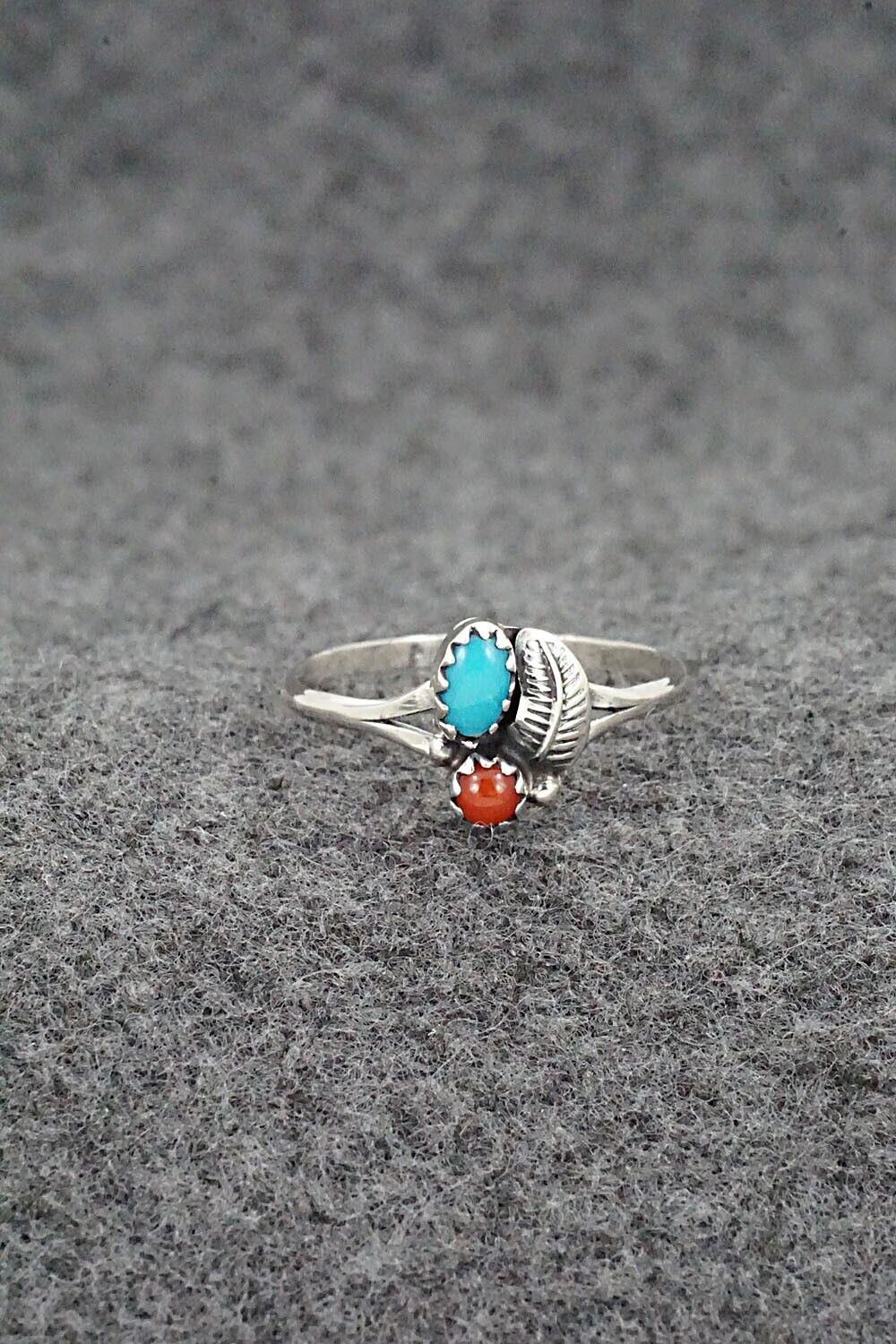 Turquoise, Coral & Sterling Silver Ring - Betty Hawthorne - Size 7.75