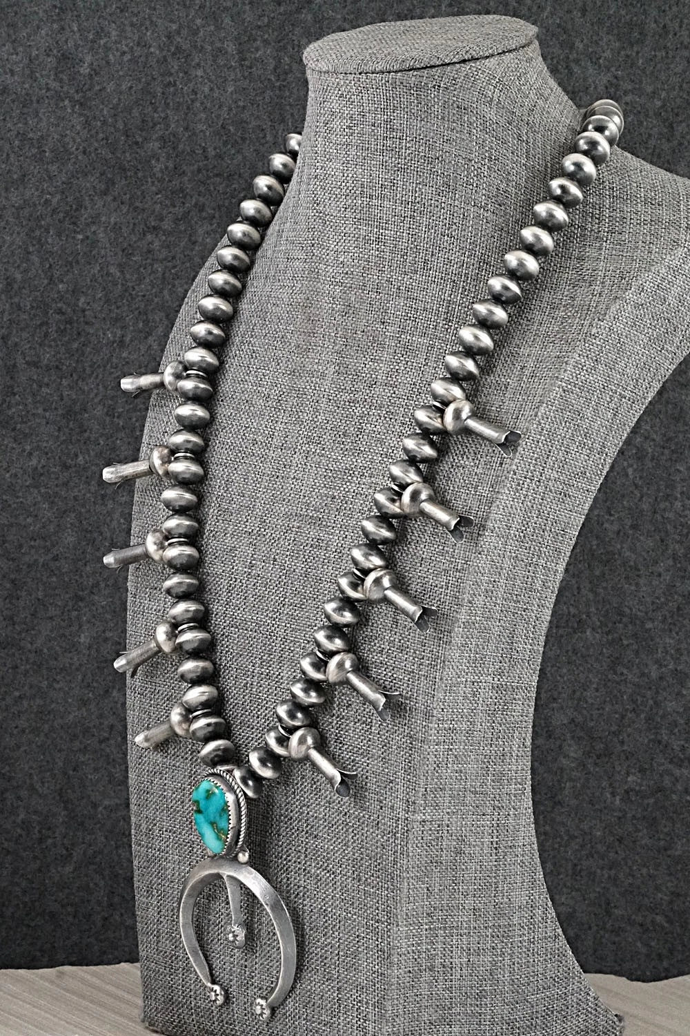 Turquoise & Sterling Silver Navajo Pearl Squash Blossom Necklace - Presley Haley