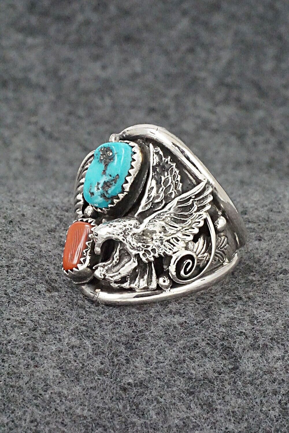 Turquoise, Coral & Sterling Silver Ring - Jeannette Saunders - Size 13.75