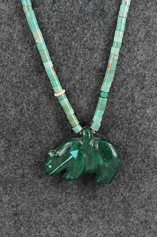 Turquoise & Sterling Silver Bear Zuni Fetish Necklace - Andres Quandelacy