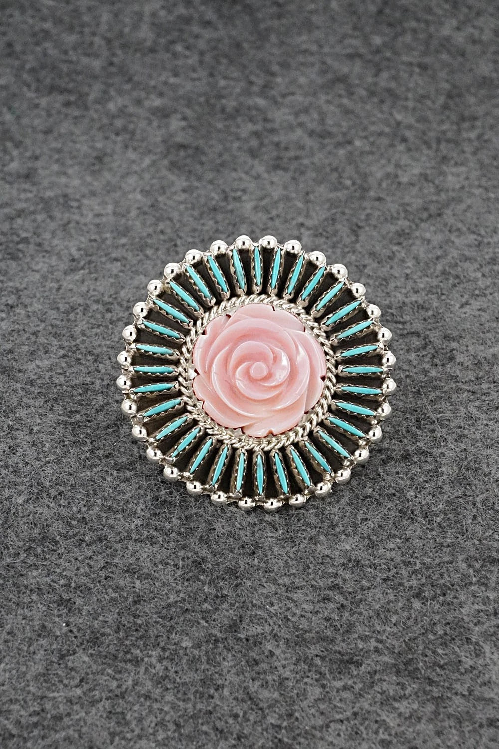 Turquoise, Pink Conch & Sterling Silver Ring - Roland Francisco - Size Adj.