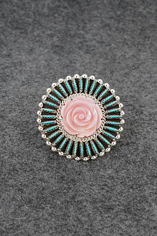 Turquoise, Pink Conch & Sterling Silver Ring - Roland Francisco - Size Adj.