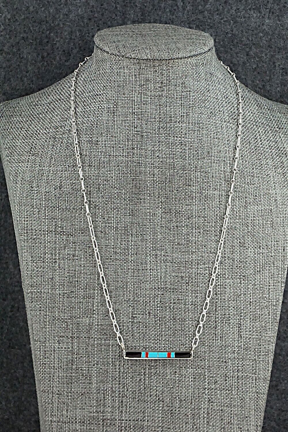 Turquoise, Coral, Onyx & Sterling Silver Inlay Necklace - Roland Natachu