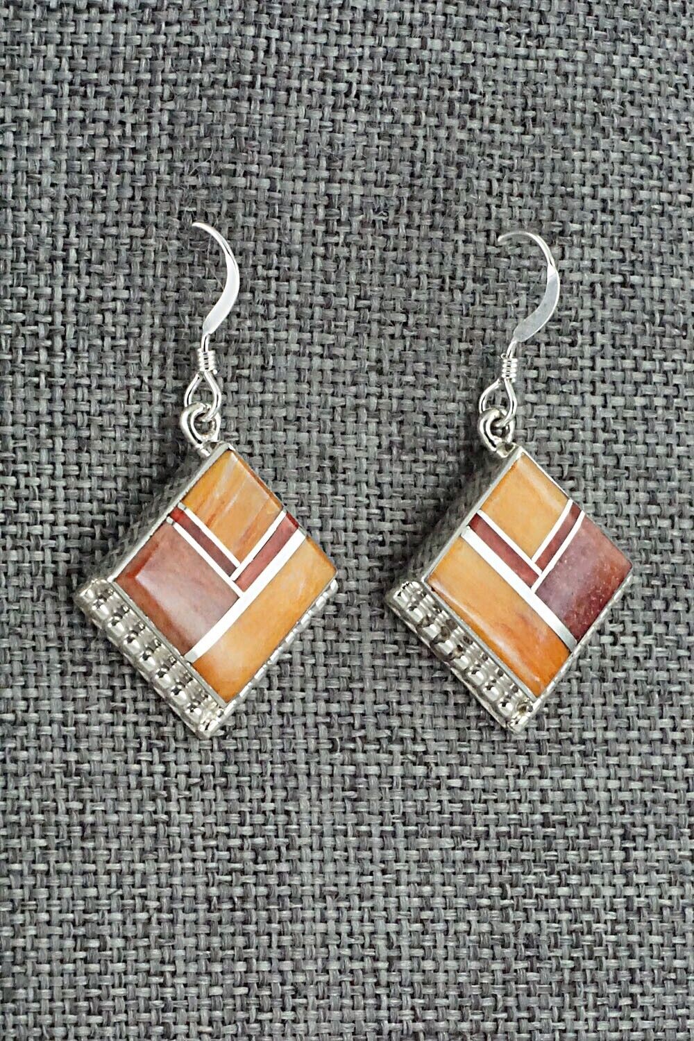 Spiny Oyster & Sterling Silver Inlay Earrings - James Manygoats