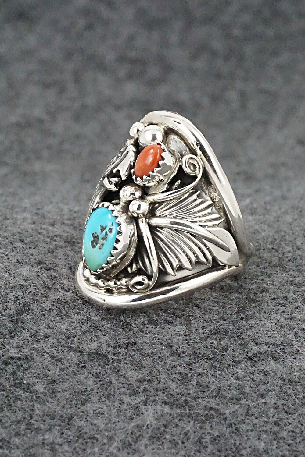 Turquoise, Coral & Sterling Silver Ring - Jeannette Saunders - Size 9.25