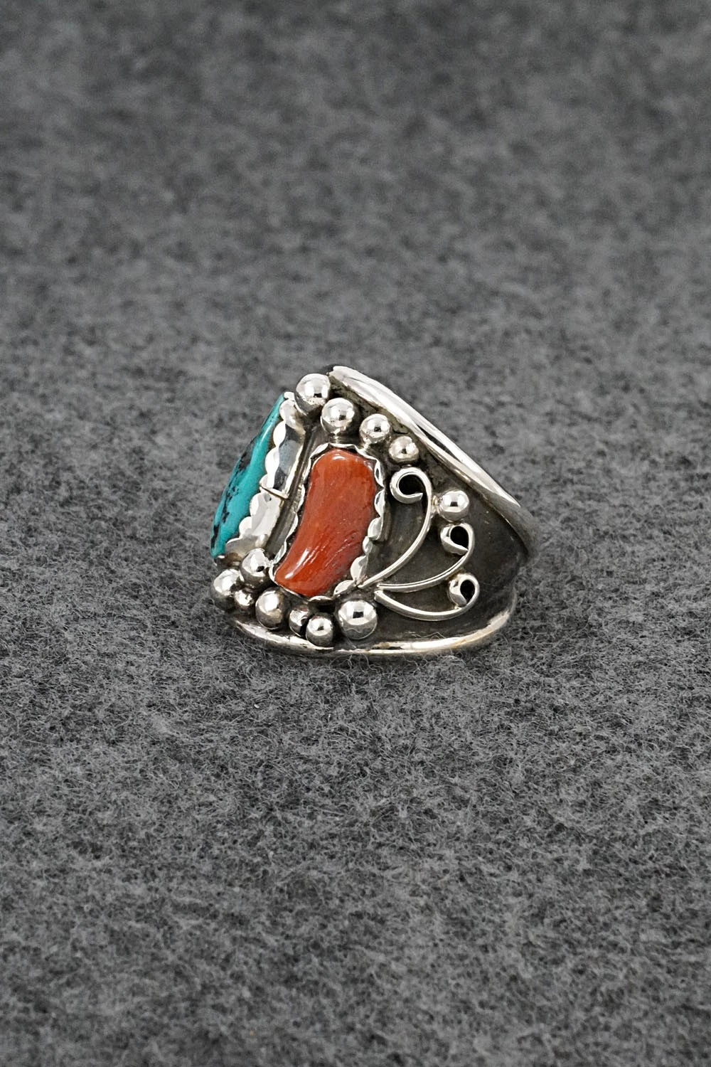 Turquoise, Coral & Sterling Silver Ring - Darrell Morgan - Size 9