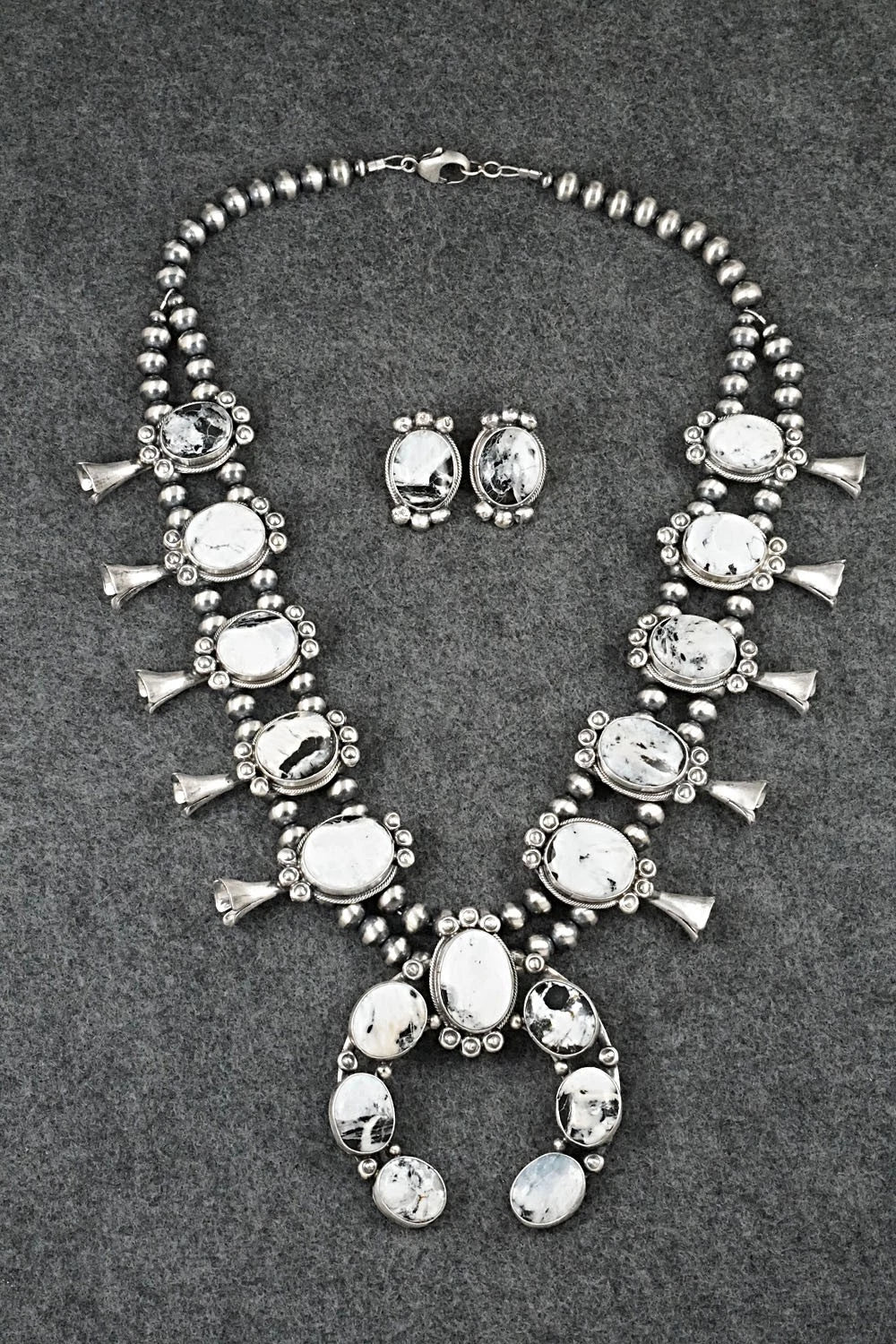 White Buffalo & Sterling Silver Squash Blossom Set - Darrin Livingston
