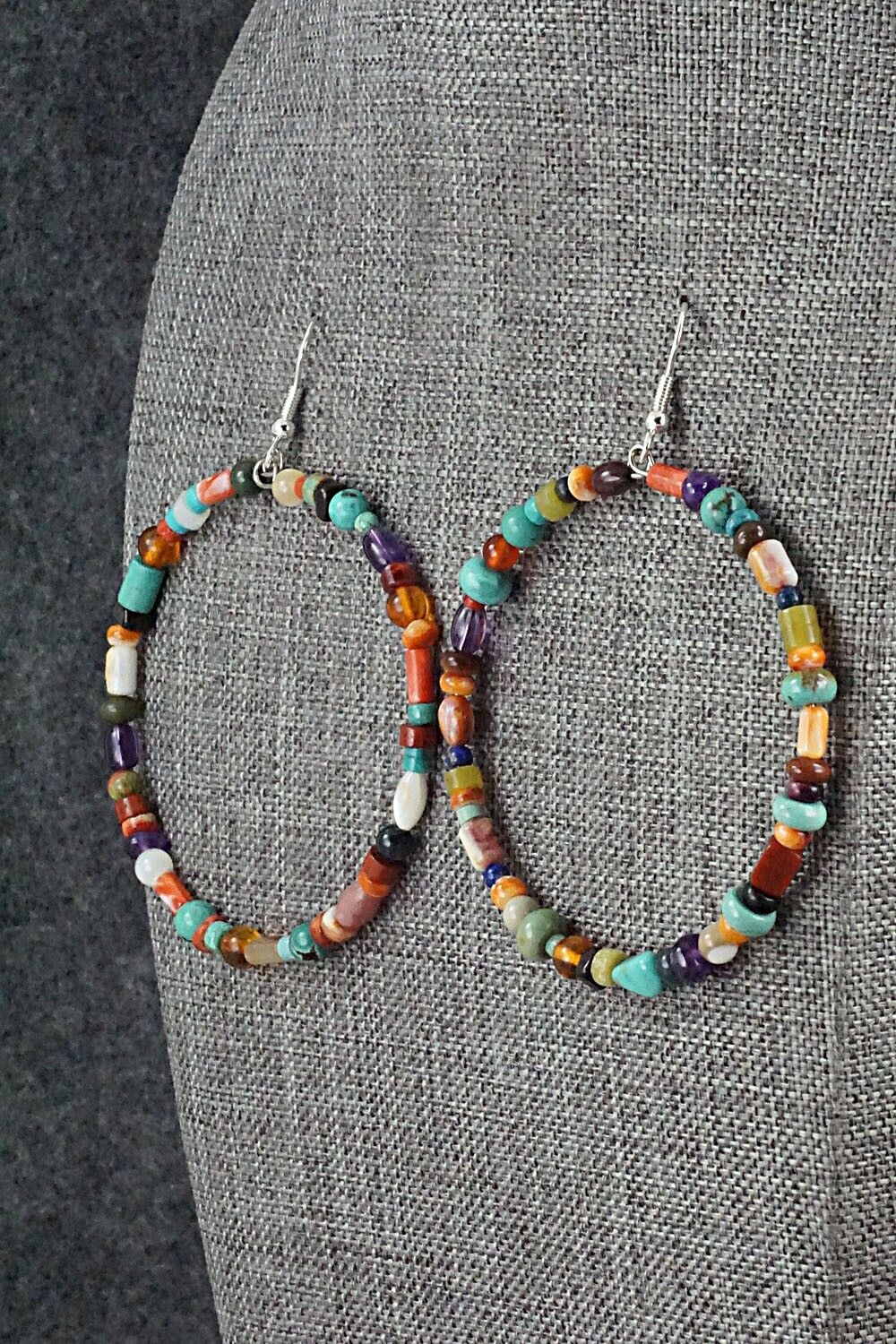 Multi Stone & Sterling Silver Hoop Earrings - Helen Tsosie