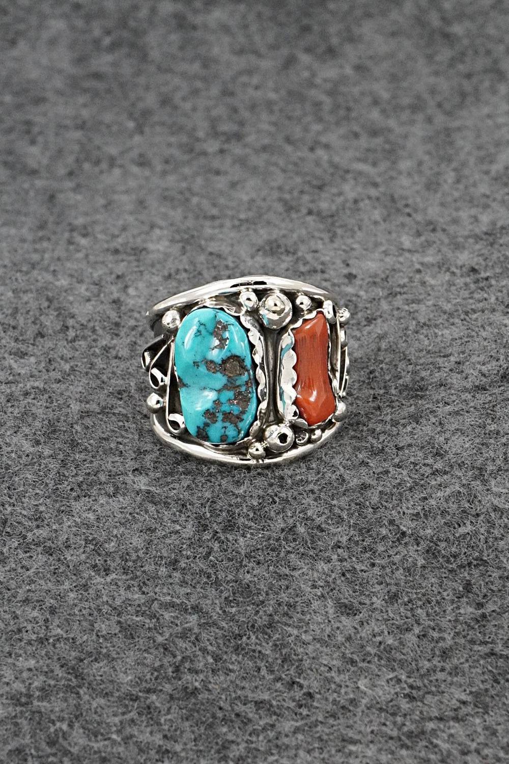 Turquoise, Coral & Sterling Silver Ring - Darrell Morgan - Size 11