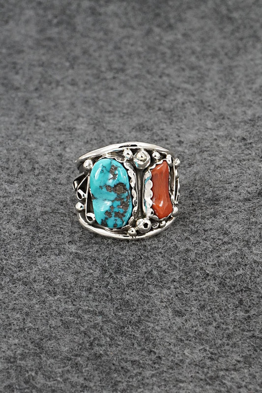 Turquoise, Coral & Sterling Silver Ring - Darrell Morgan - Size 11