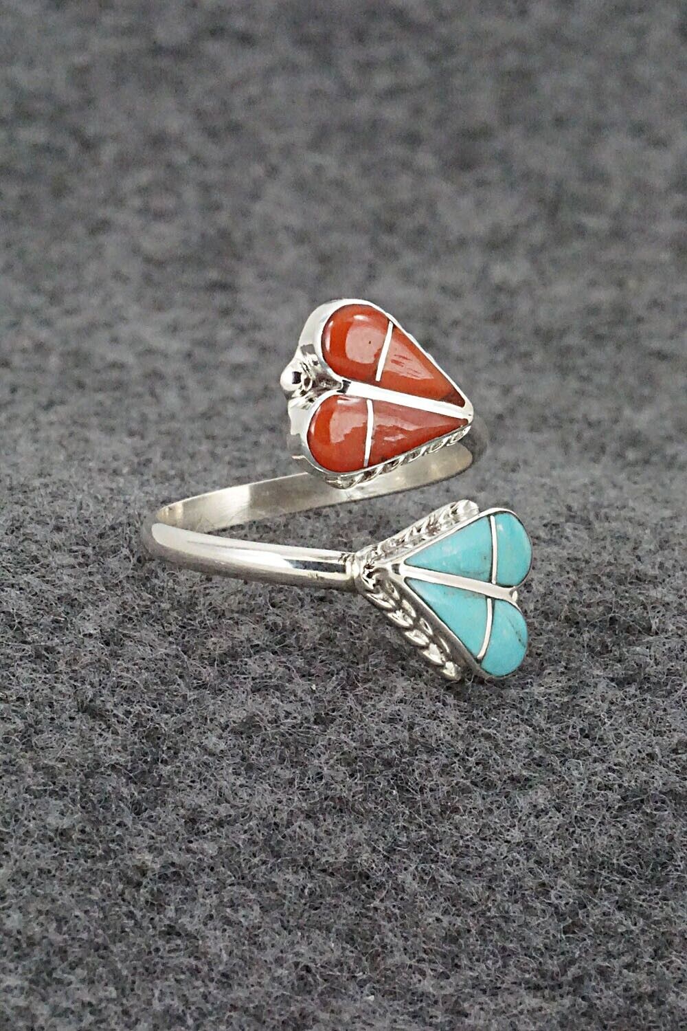 Turquoise, Coral & Sterling Silver Ring - Velda Nastacio - Size 8 Adj.