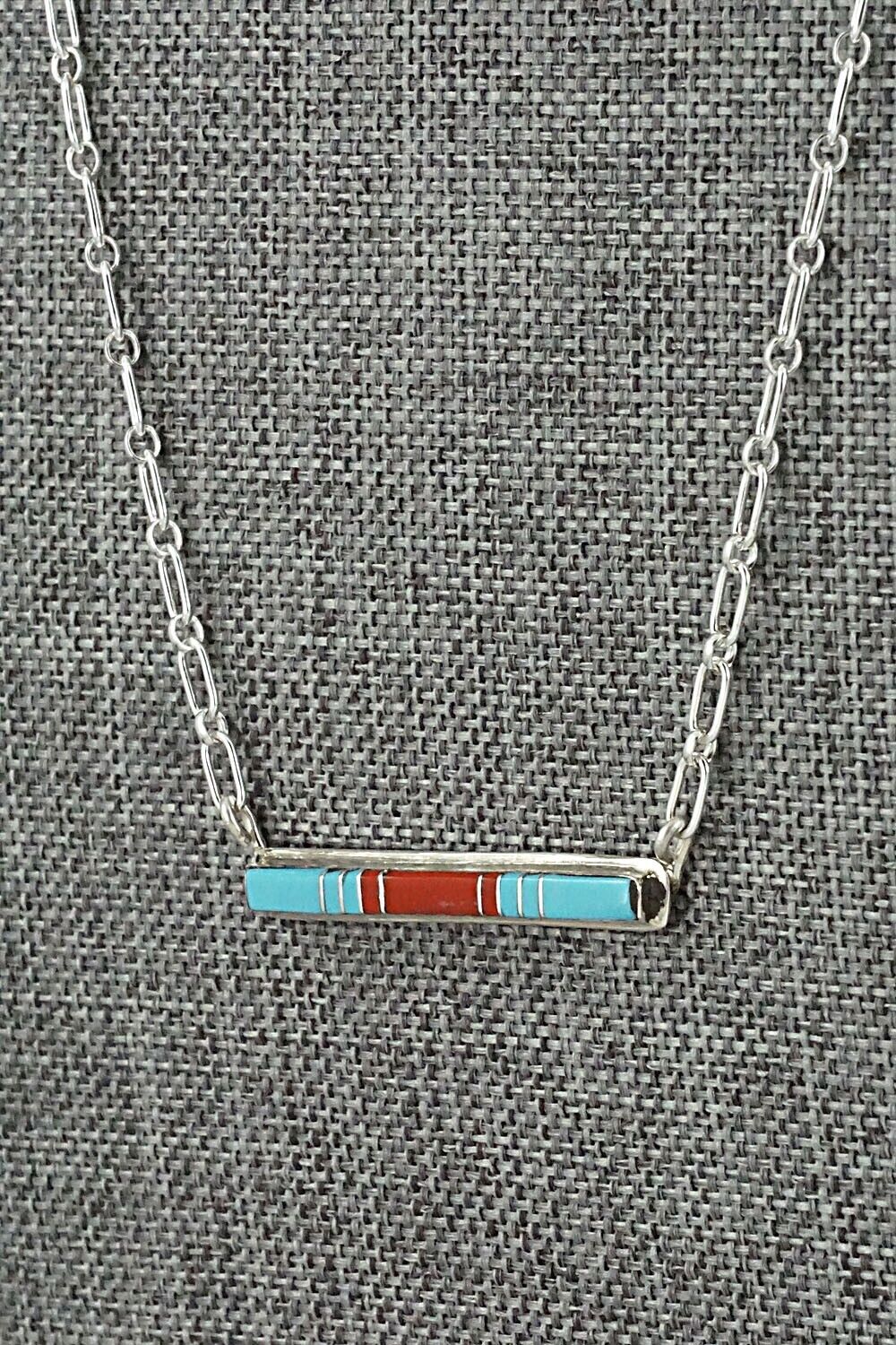 Turquoise, Coral & Sterling Silver Inlay Necklace - Roland Natachu